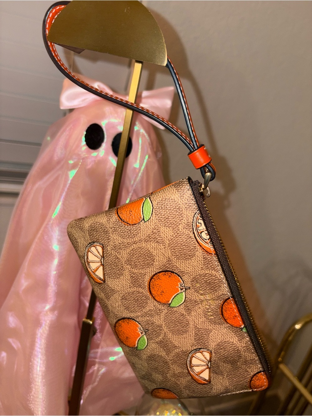 Coach Signature Orange Print Wristlet Pouch - Brown/Orange